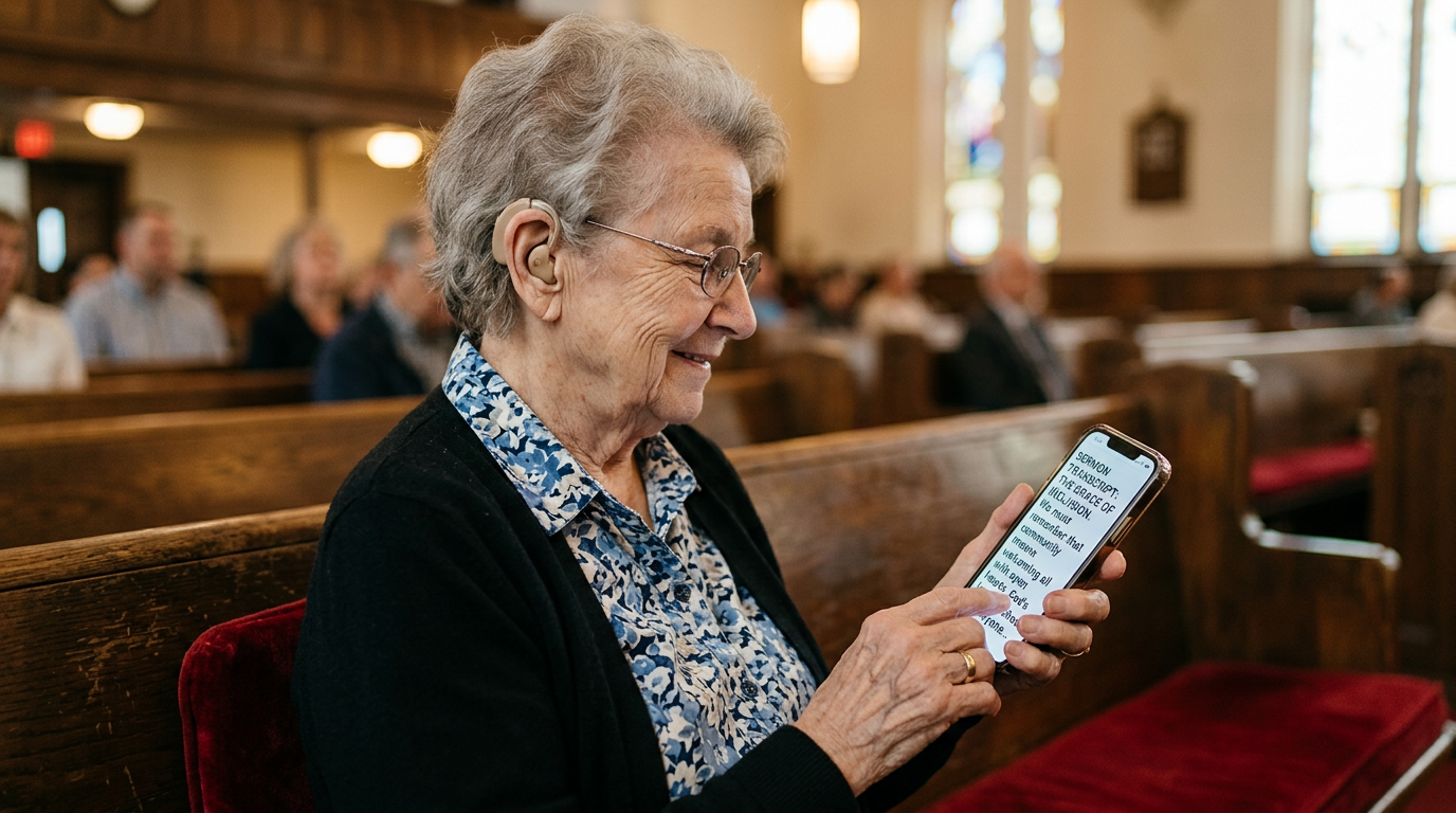 Elderly woman with hearing aid in church pew, smiling while reading large-text sermon transcript on her phone