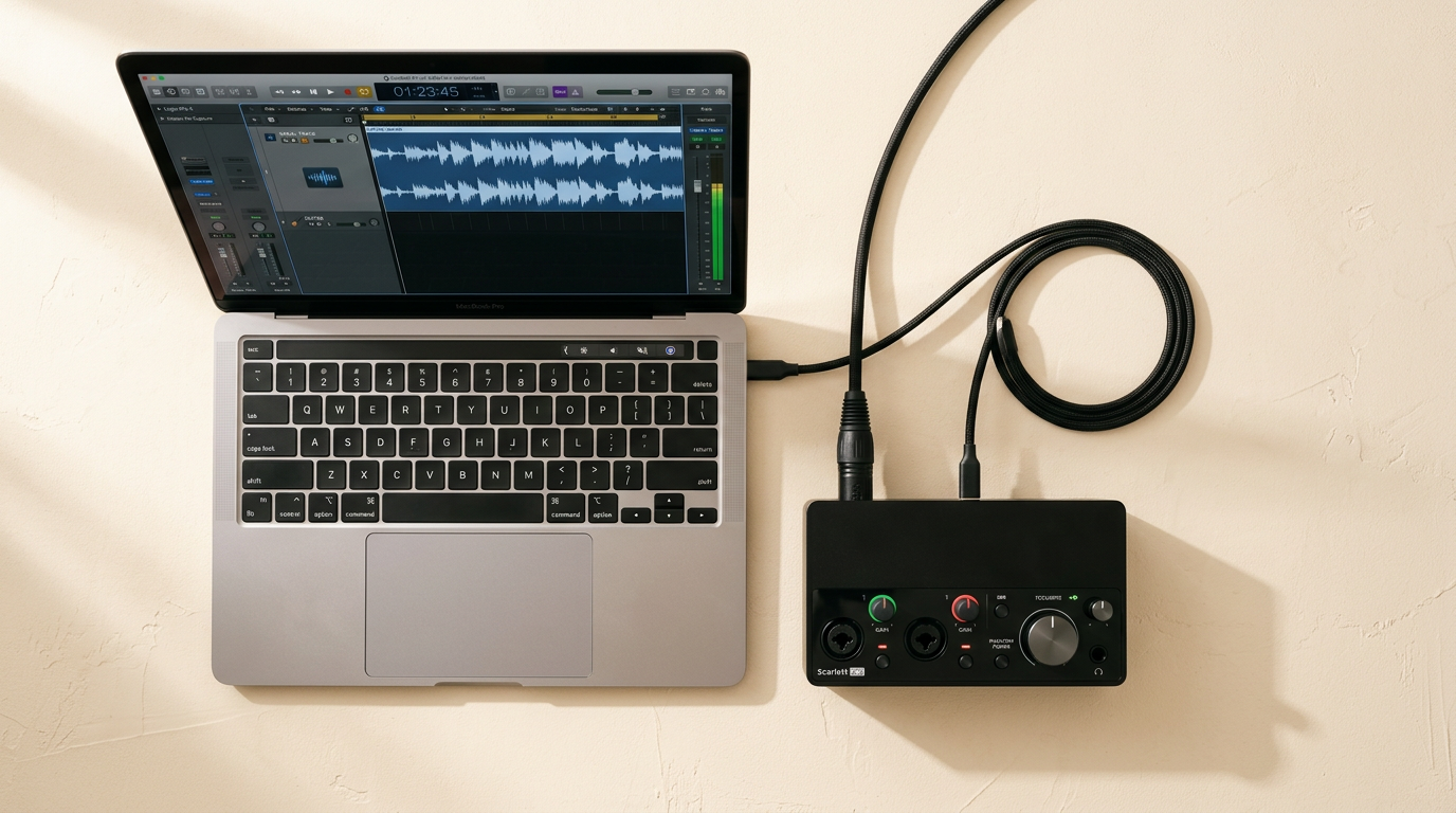 Laptop connected to a USB audio interface with a cable — the basic setup needed for Church Translation Live