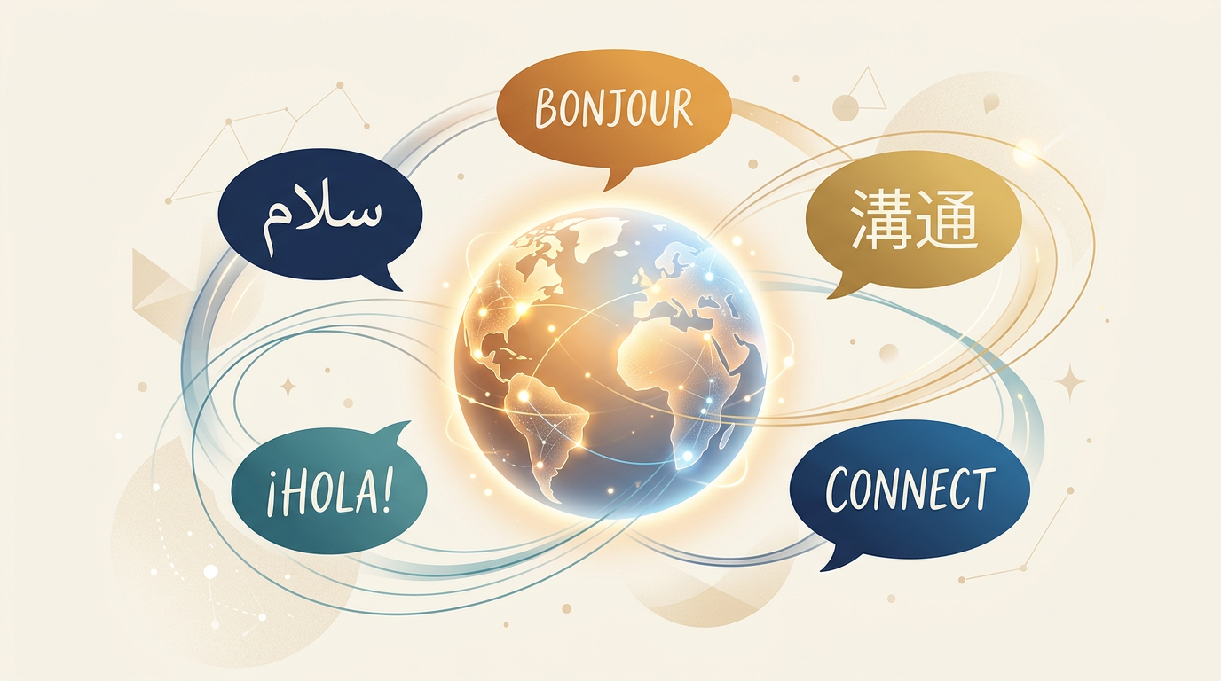Illustration of multilingual speech bubbles around a globe