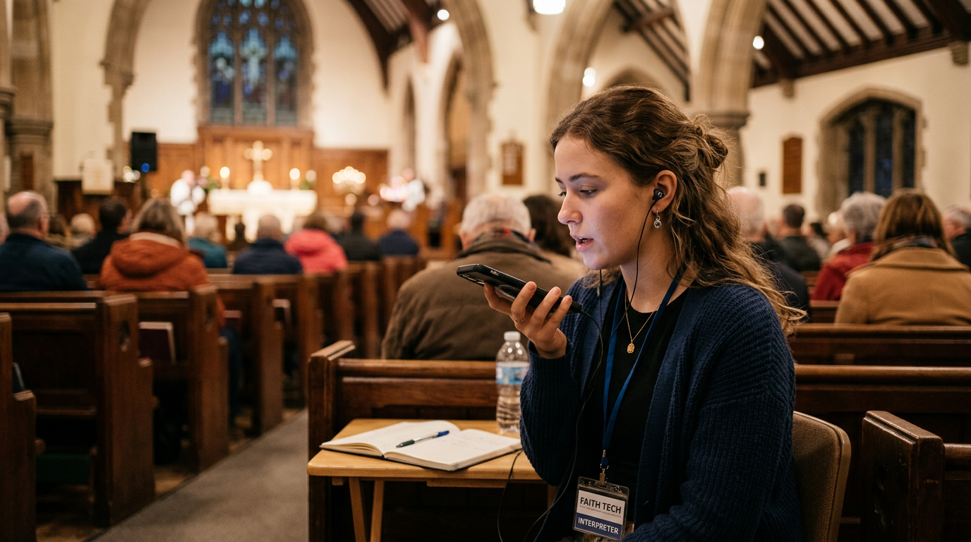 Volunteer interpreter in a church pew wearing earphones and speaking quietly into her phone