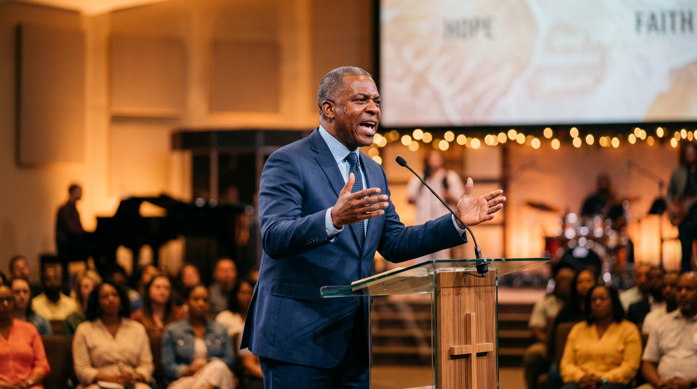 Pastor preaching energetically at a pulpit with a packed congregation