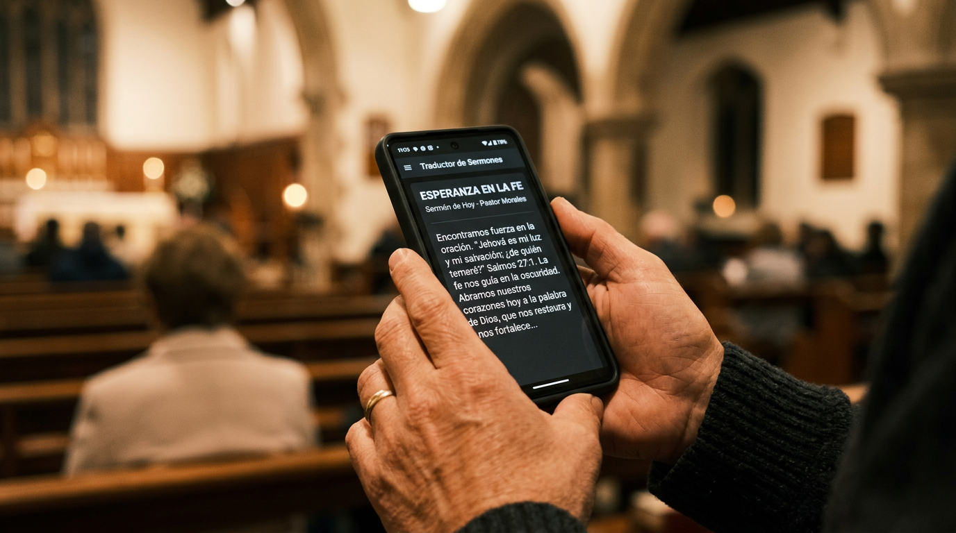 Young person in a church or camp setting reading translated text on their smartphone