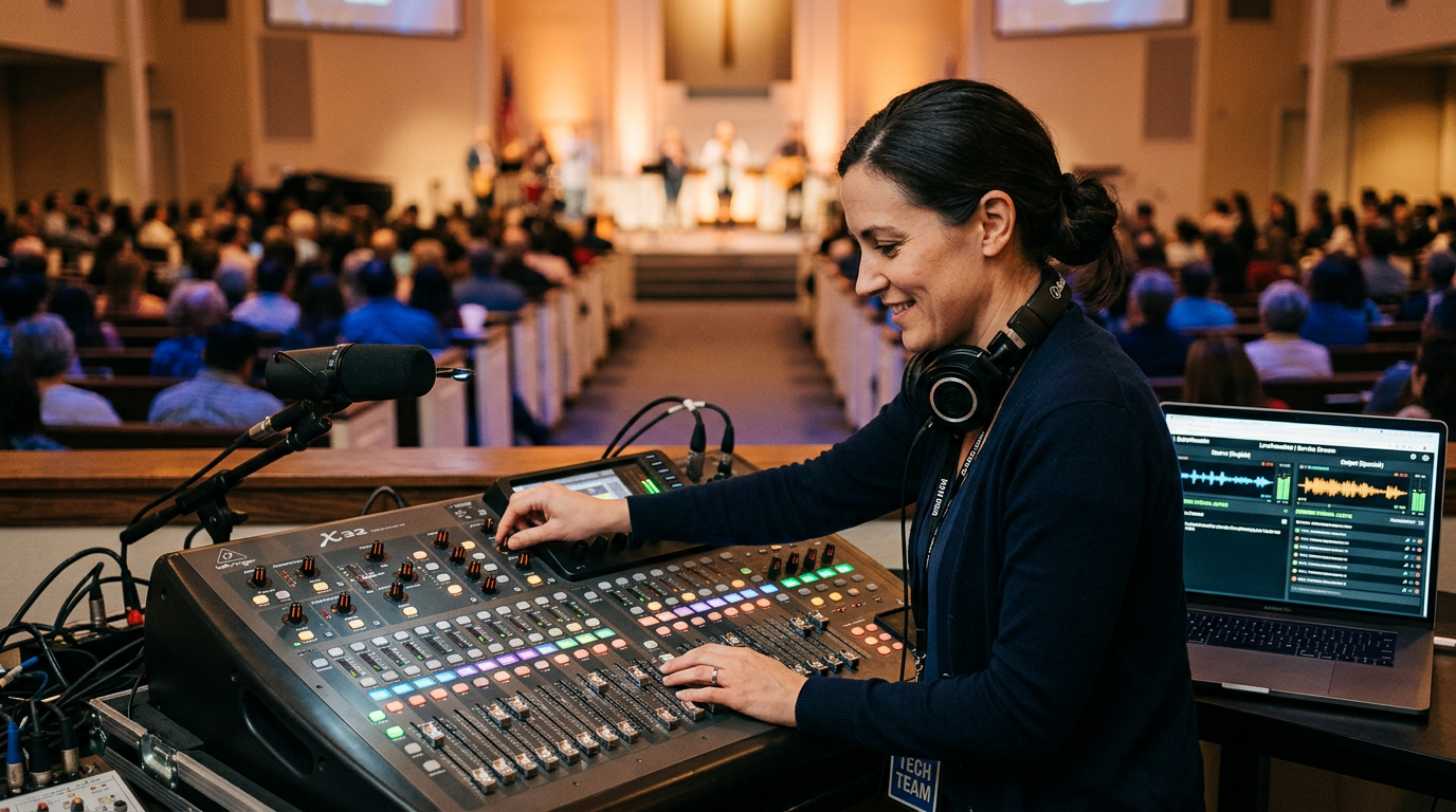 Church tech volunteer managing the sound desk and translation setup